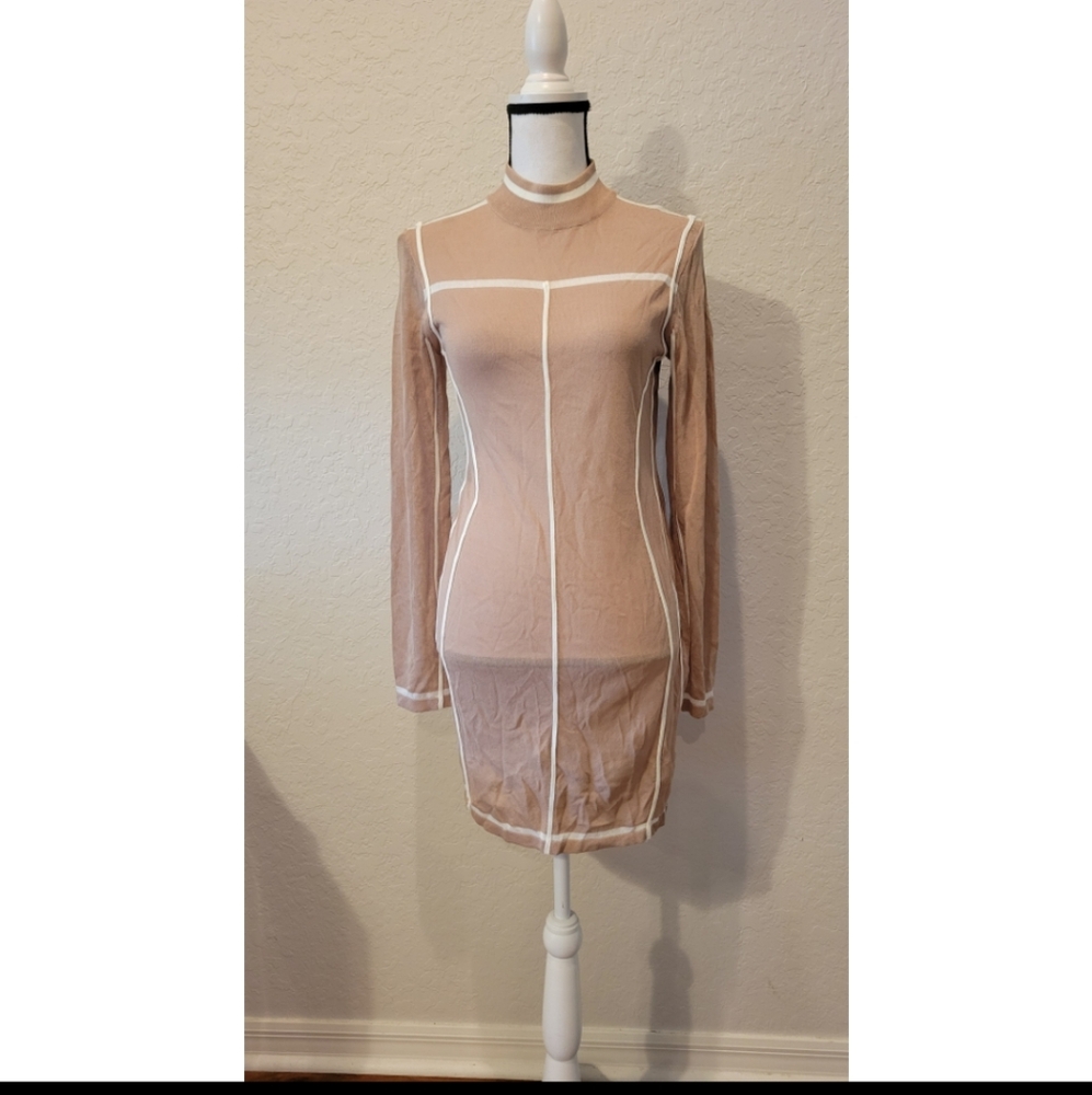 Beige Turtleneck Dress with White Accents